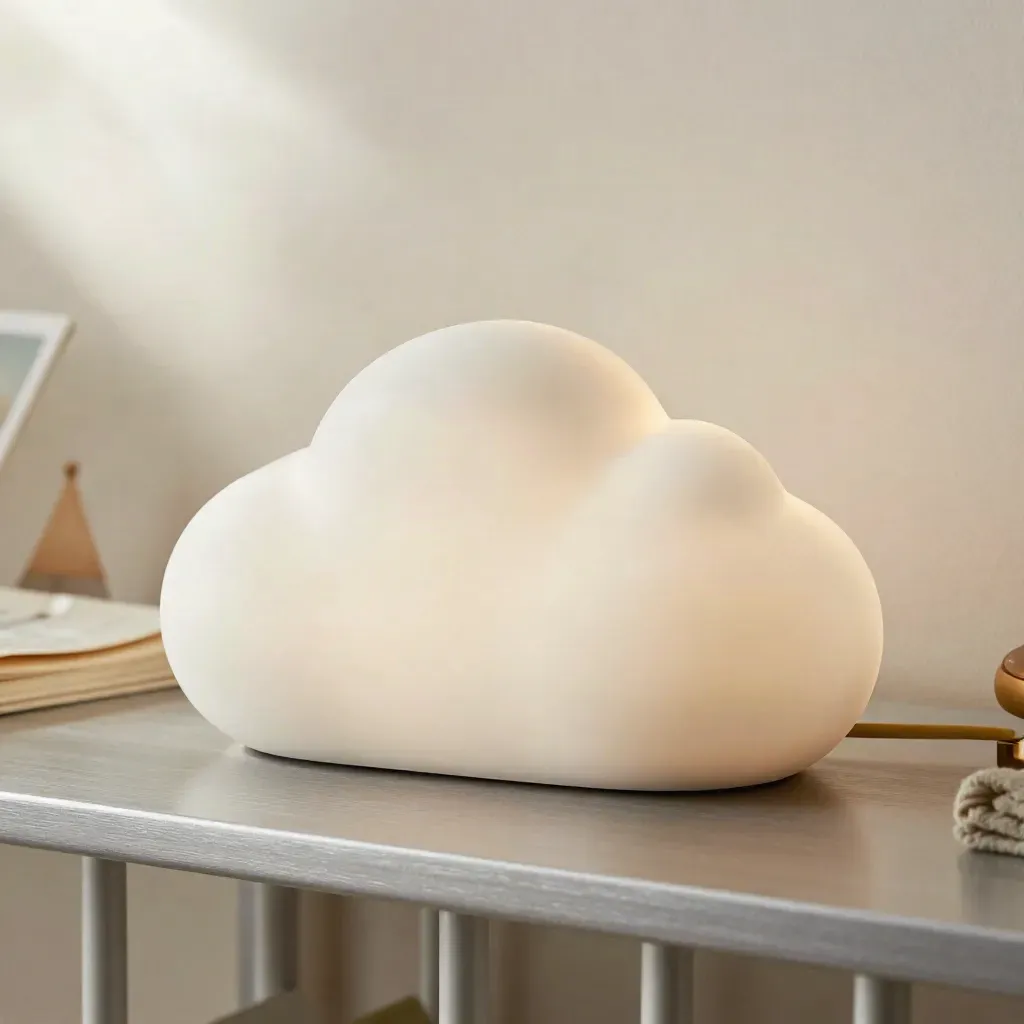Luce notturna a nuvola in ceramica con libretto chiuso e coperta di lana su mensola