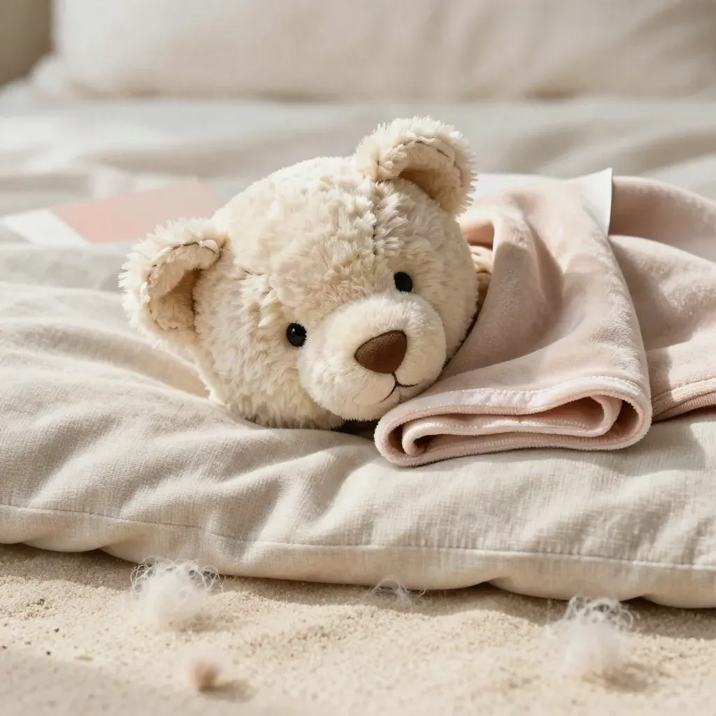 Orsetto di peluche crema su lino chiaro con copertina piegata e toni cipria.