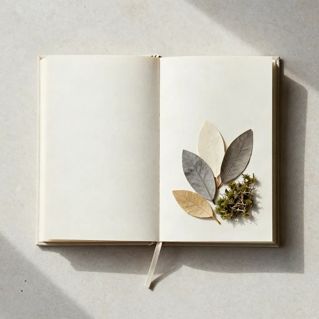 Libro fiabesco chiuso con foglie di carta, segnalibro tessile e muschio su pietra avorio.