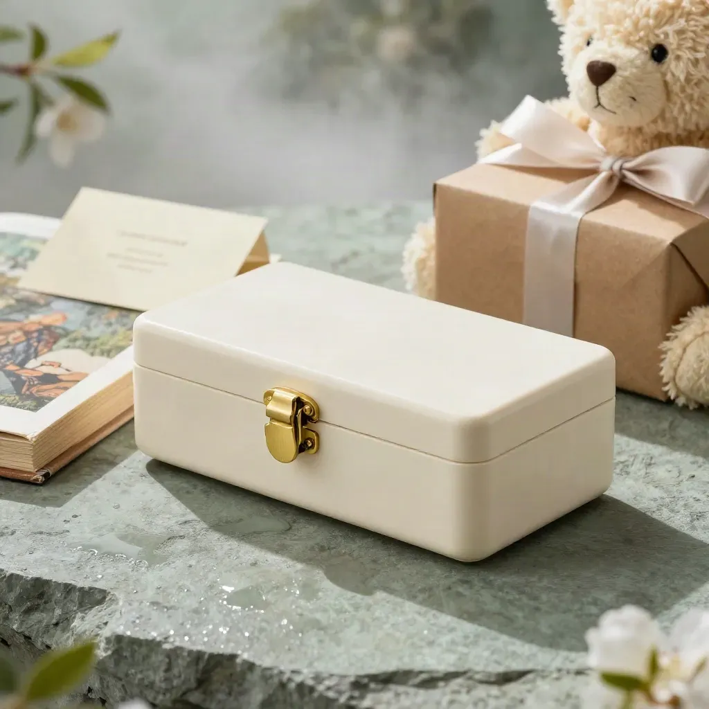 Valigetta avorio con libro illustrato, orsacchiotto e regalo kraft su pietra chiara.