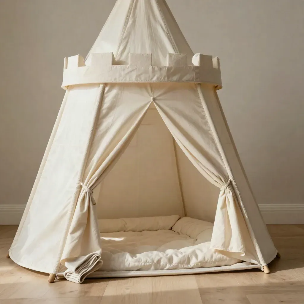 Tenda gioco a castello in tela avorio con cuscini bassi e coperta su pavimento in legno chiaro.