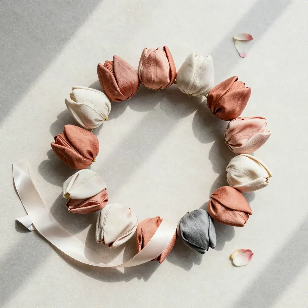 Coroncina di tulipani in tessuto con nastro e piccoli accessori su pietra chiara.