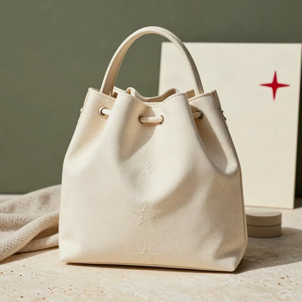Borsa merenda avorio con stella tessuta e contenitore neutro su pietra chiara.