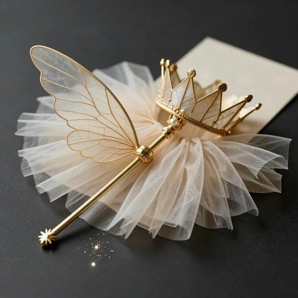 Kit travestimento fata con ali leggere, bacchetta, tulle e coroncina su fondo nero drammatico.