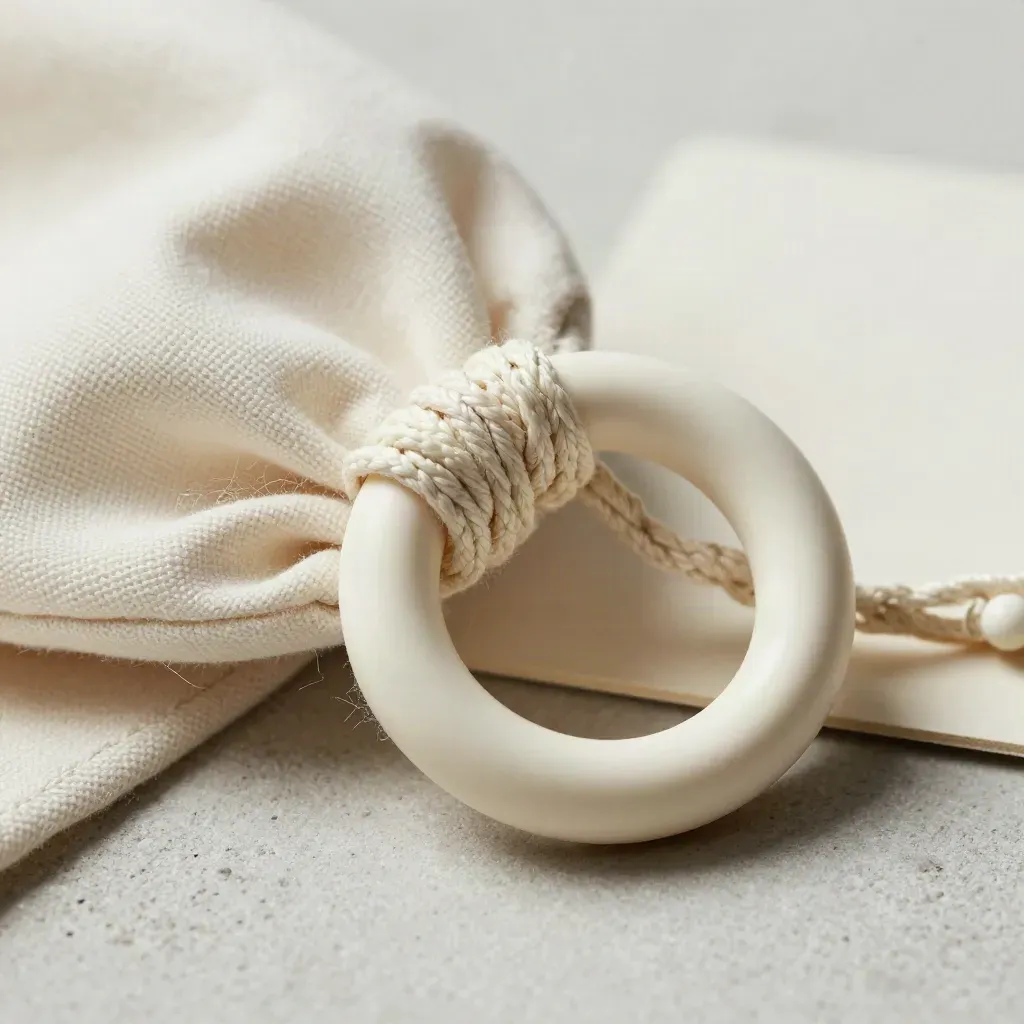 Macro del porta ciuccio ricamato avorio con cordoncino fine e pouch in tessuto.