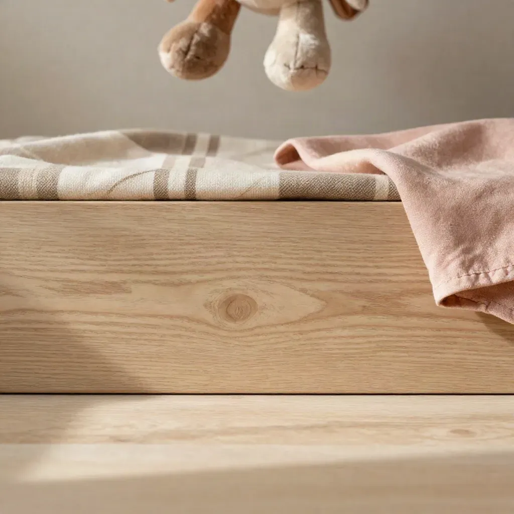 Tavola in legno chiaro con plaid morbido e peluche sfocati in alto, luce calda e polvere nell’aria